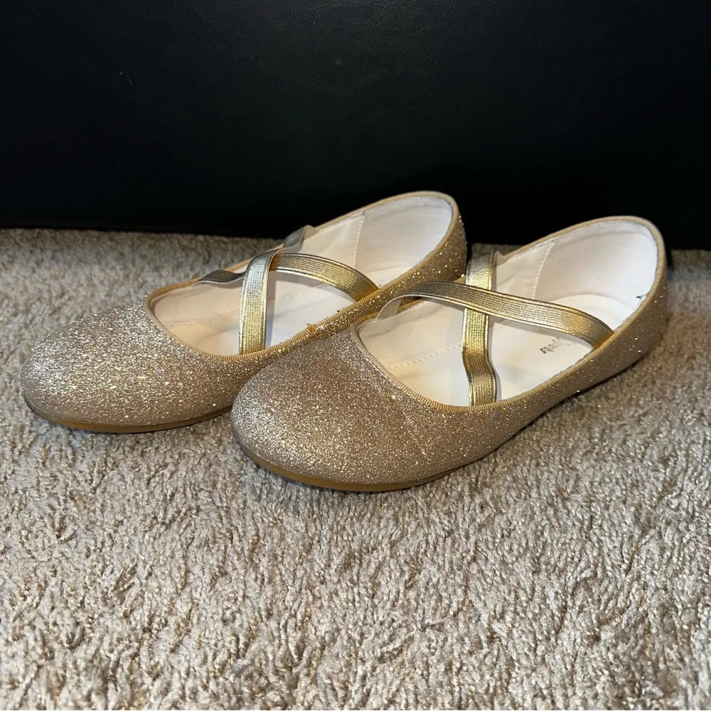 Girls' Gold Glitter Dress Flats with Cross-Strap